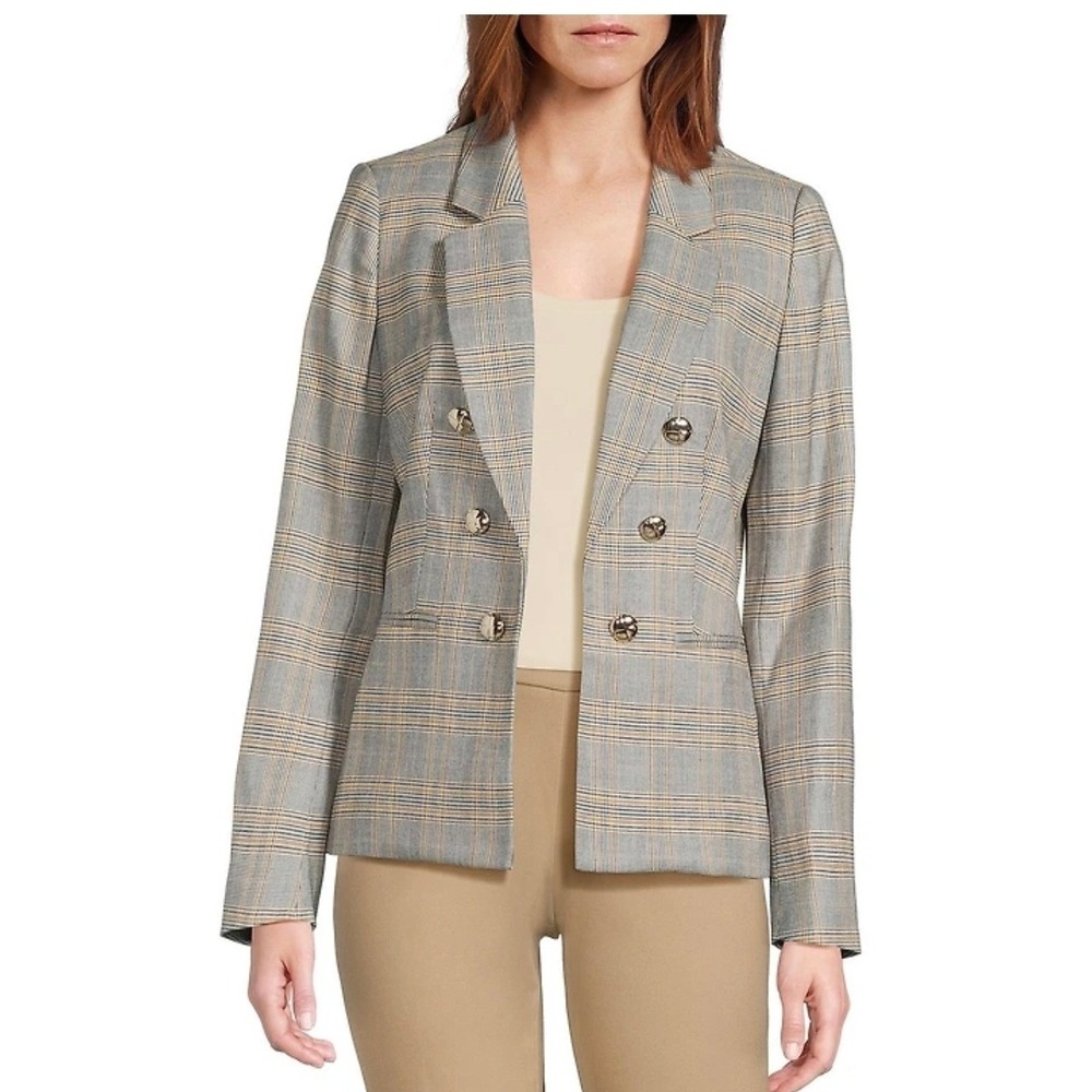 Jones New York Glen Plaid Double Breasted Blazer Jacket Yellow Gray Women's Sz S